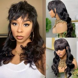 Natural Black Human Hair Body Wave Dovetail Mullet GluelessWig With Bangs in 16